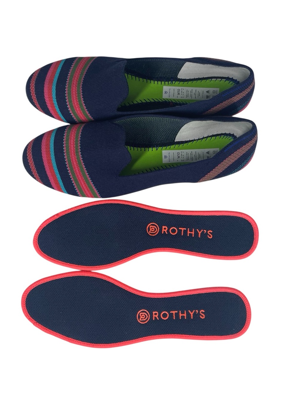 Rothy’s Merino Wool Flat Ballet Shoes Size 10 Knit Upper Navy Ribbon Stripe - Picture 7 of 8